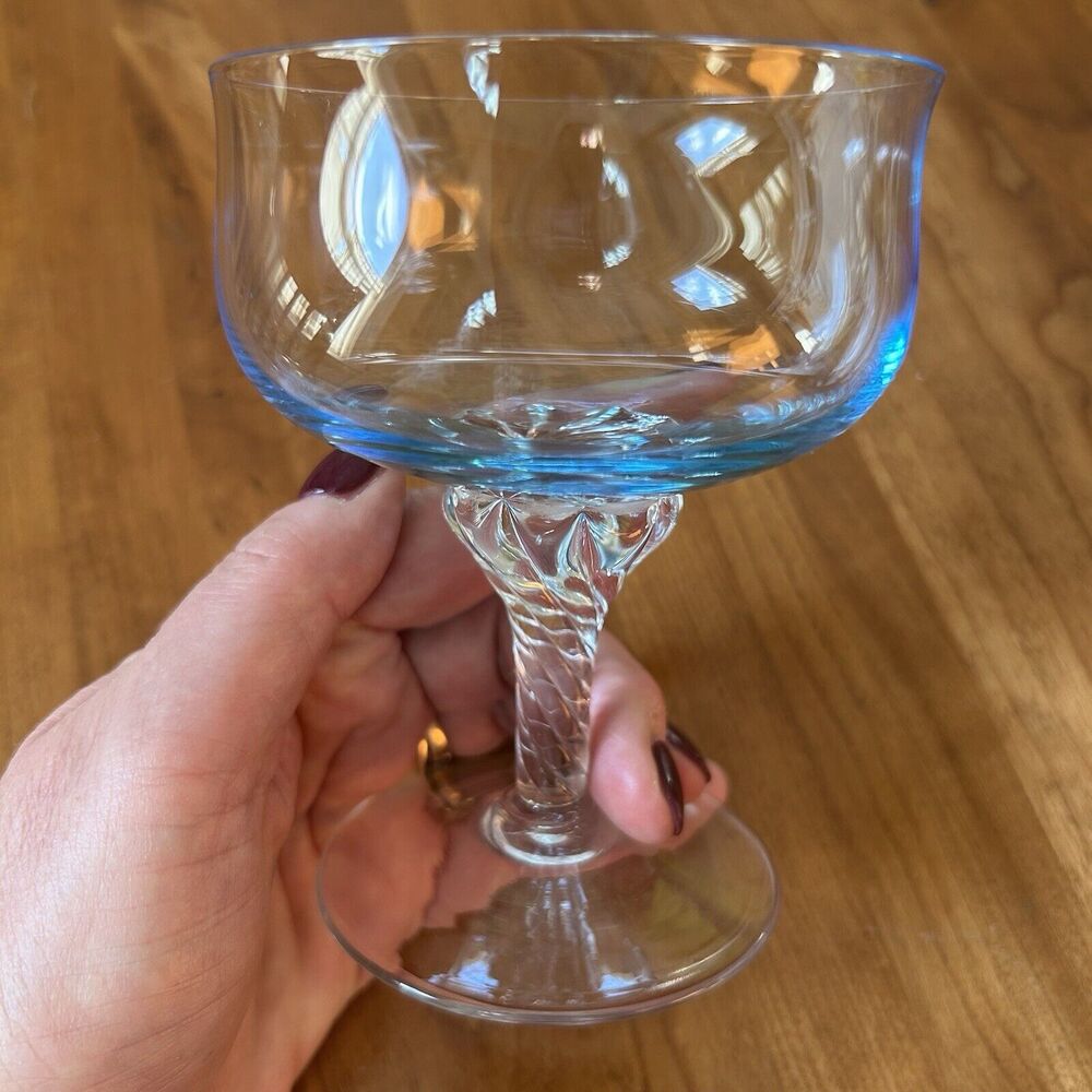 Set of 4 Vtg MCM Sasaki Crystal Harmony Azure Blue Champagne Dessert Glasses